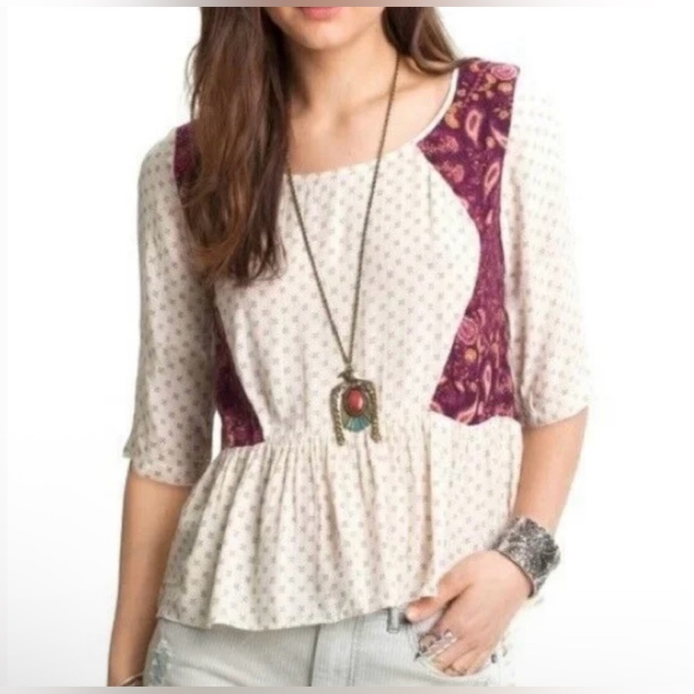 Free People Cream and Purple Dandelion Paisley Printed Peplum Blouse - Size S